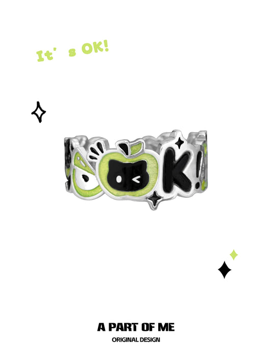 Apple Cat S925 Sterling Silver OK! Black Cat & Green Apple Ring