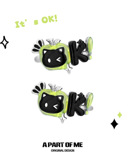 Apple Cat 18K Platinum Plating Black Cat & Green Apple Ear Cuffs