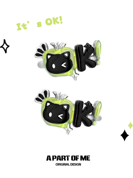 Apple Cat 18K Platinum Plating Black Cat & Green Apple Ear Cuffs