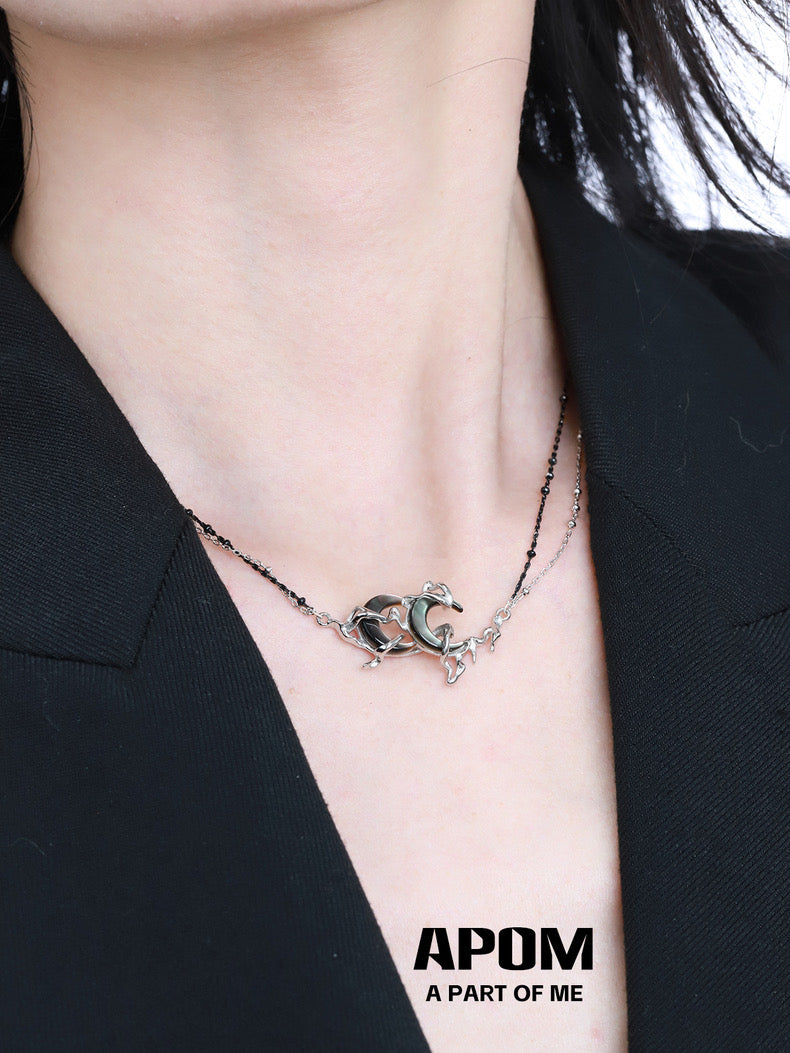Dark Moon S925 Sterling Silver Natural Shells Twin Moons Necklace