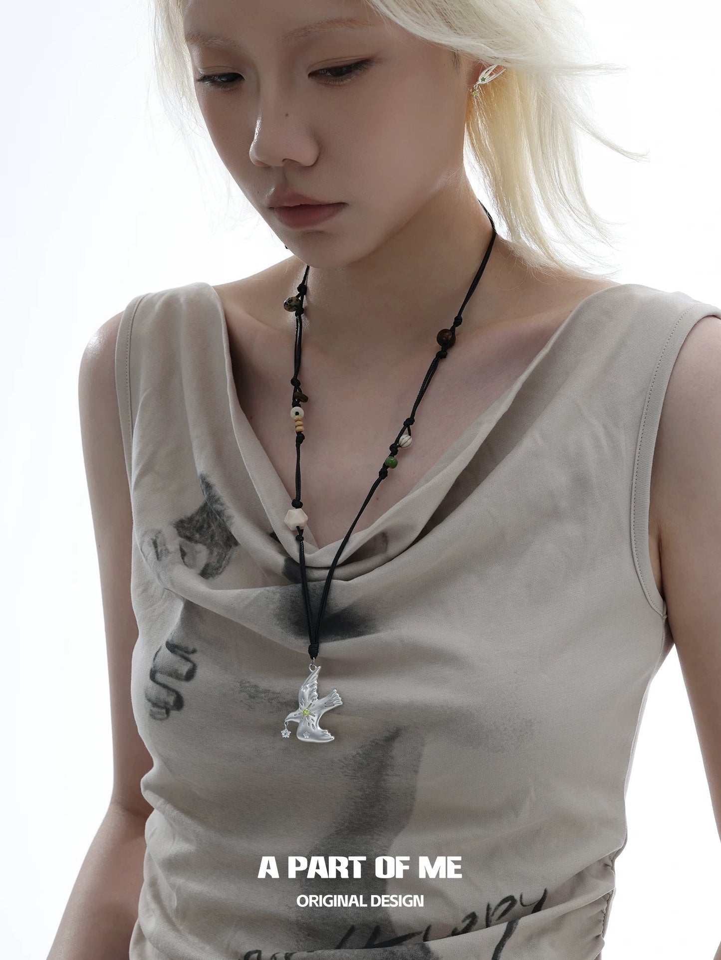 Starlit Vitality Black Cord 18K Platinum Plating Spring Bird Necklace