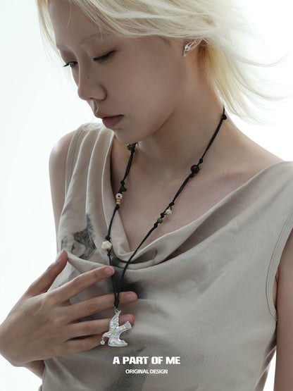 Starlit Vitality Black Cord 18K Platinum Plating Spring Bird Necklace