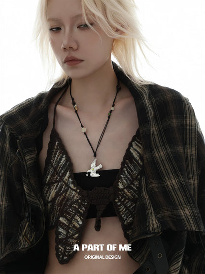 Starlit Vitality Black Cord 18K Platinum Plating Spring Bird Necklace