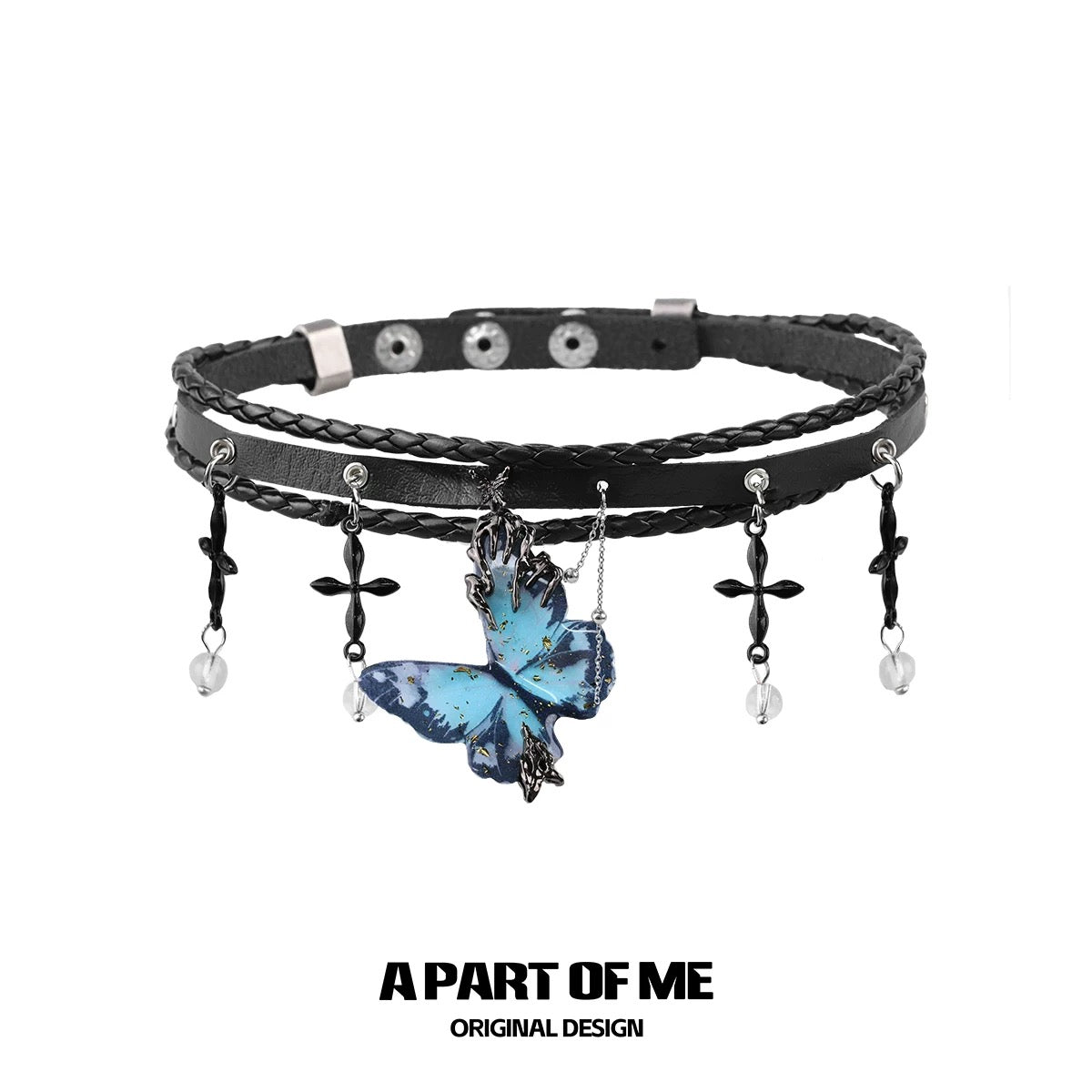 Multi Layer Dark Cross Leather Choker & Butterfly Pendant Necklace