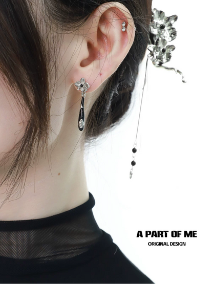 Black Orchid 18K Platinum Plating Resin Coating Dangle Earrings