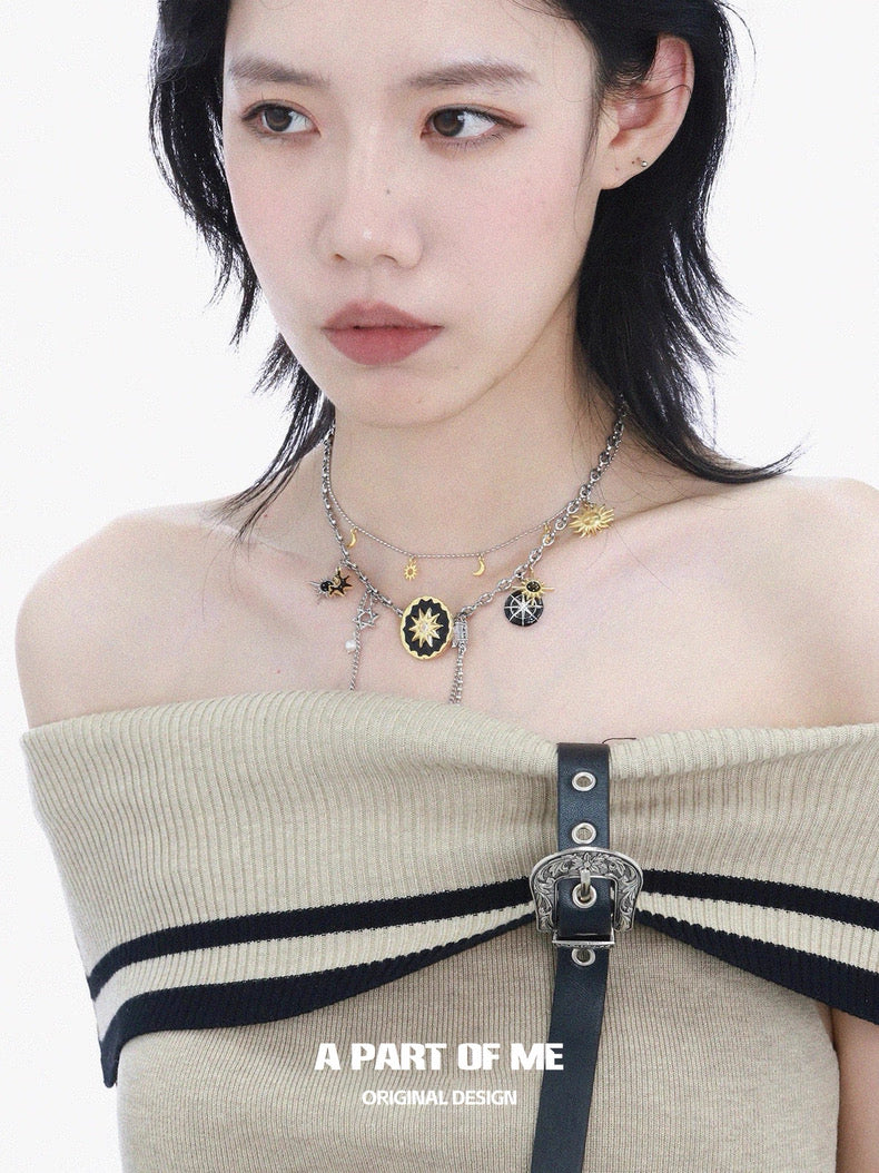 Sun & Moon 18K Platinum Plating Double Layer Necklace