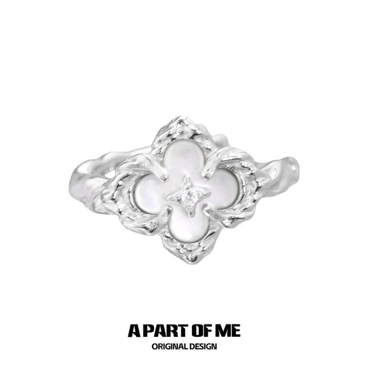 Four-Leaf Clover S925 Sterling Silver Natural White Shell Adjustable Ring