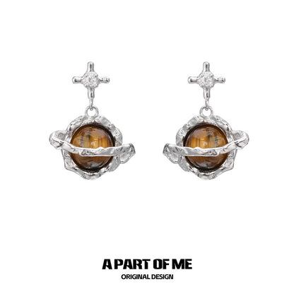 Saturn S925 Sterling Silver Tiger Eye Stone Stud Earrings