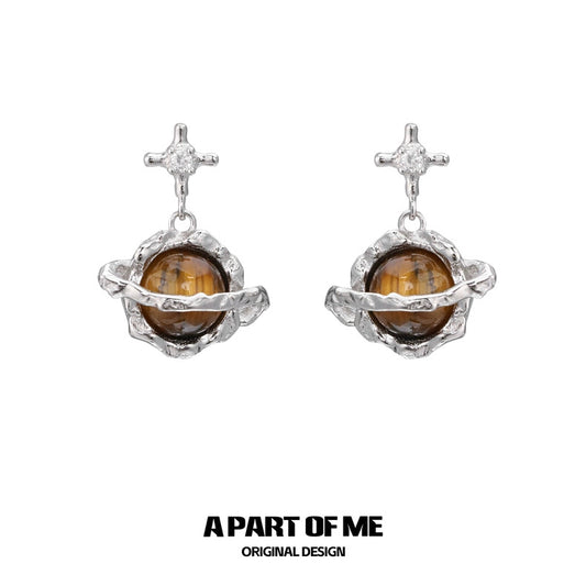 Saturn S925 Sterling Silver Tiger Eye Stone Stud Earrings