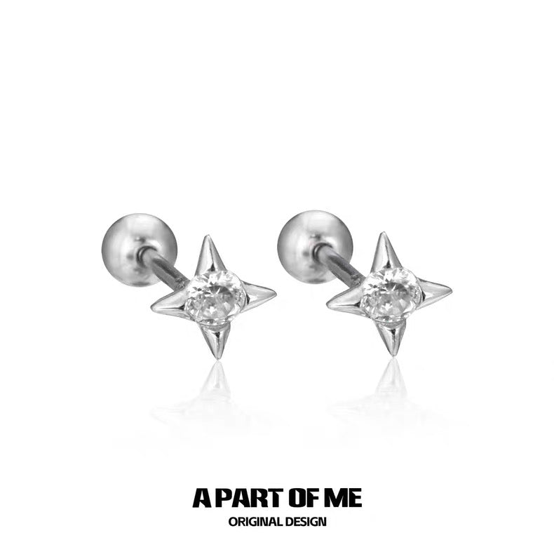 Tiny Mini S925 Sterling Silver Four Point Star Stud Earrings