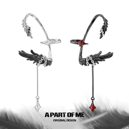 A Love Story Between a Dove and a Crow 18K Platinum Plated Feather Dangle Ear Wraps