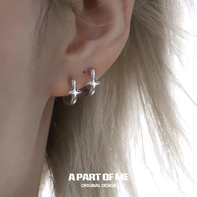 Four Point Star S925 Sterling Silver Huggie Earrings