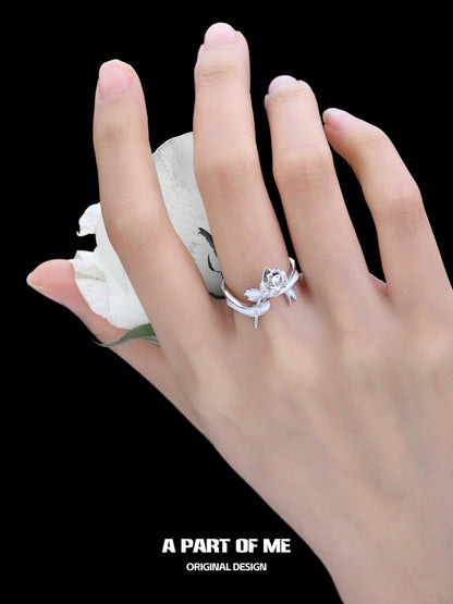 White Ribbon Rose S925 Sterling Silver White Resin Ribbon Adjustable Ring