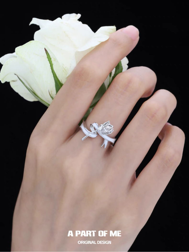 White Ribbon Rose S925 Sterling Silver White Resin Ribbon Adjustable Ring