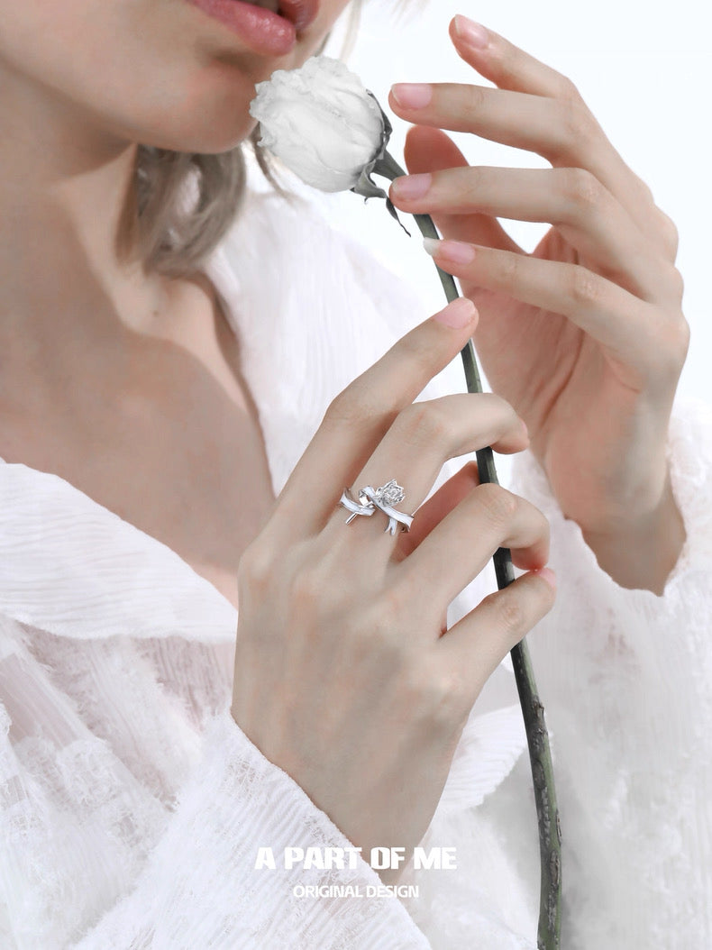 White Ribbon Rose S925 Sterling Silver White Resin Ribbon Adjustable Ring