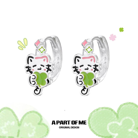 The Lucky Clover Kitten & Puppy 18K Platinum Plating Huggies Earrings