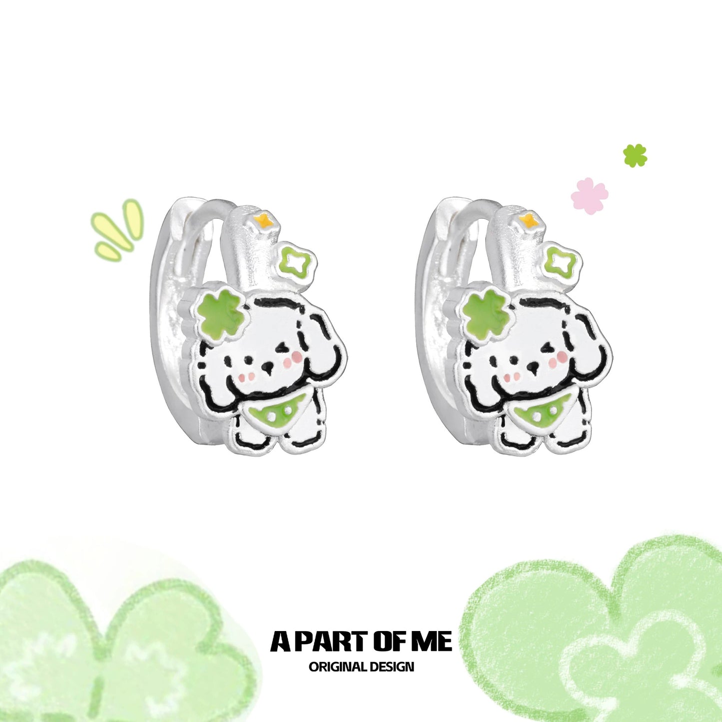 The Lucky Clover Kitten & Puppy 18K Platinum Plating Huggies Earrings