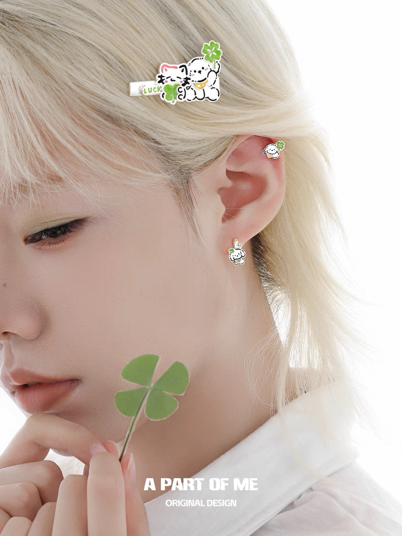 The Lucky Clover Kitten & Puppy 18K Platinum Plating Huggies Earrings