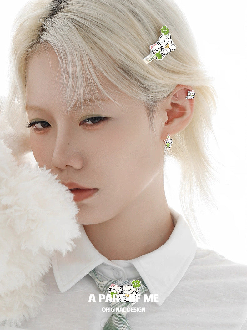 The Lucky Clover Kitten & Puppy 18K Platinum Plating Huggies Earrings