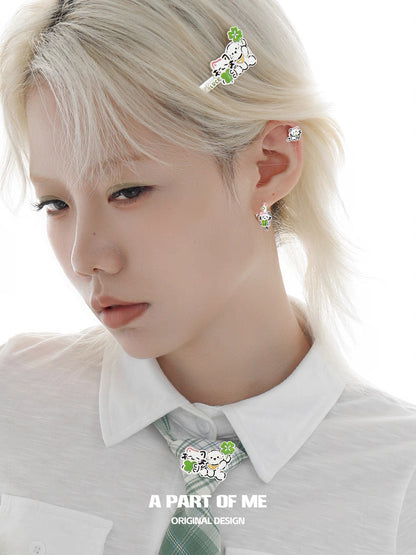The Lucky Clover Kitten & Puppy 18K Platinum Plating Huggies Earrings