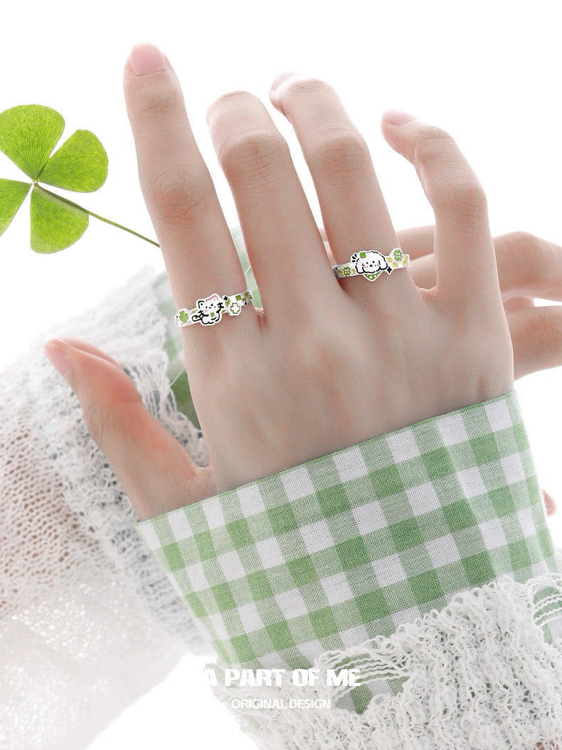 The Lucky Clover Kitten & Puppy S925 Sterling Silver Couple Rings