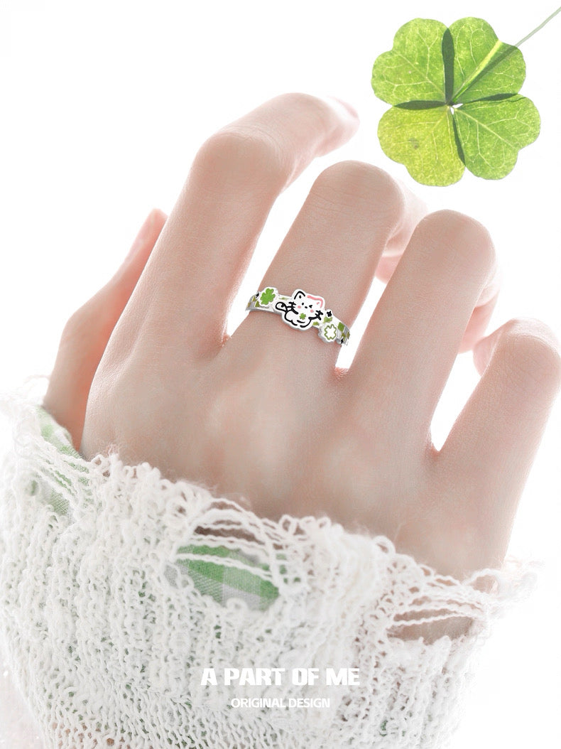 The Lucky Clover Kitten & Puppy S925 Sterling Silver Couple Rings