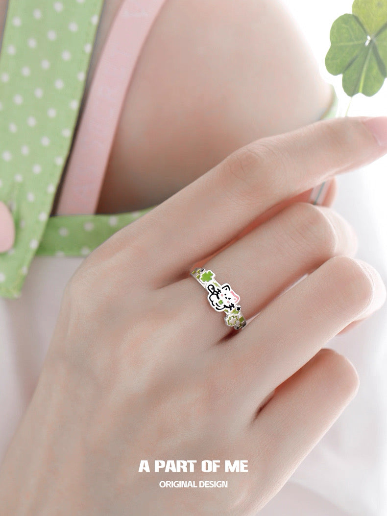 The Lucky Clover Kitten & Puppy S925 Sterling Silver Couple Rings