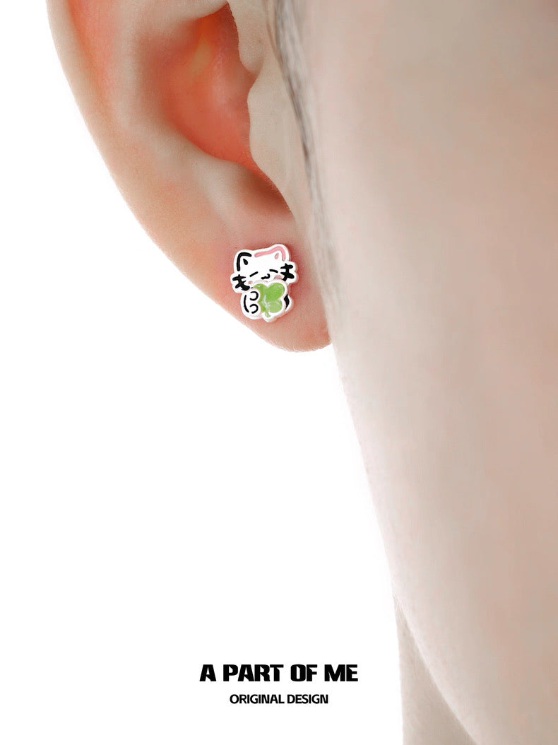 The Lucky Clover Kitten & Puppy 18K Platinum Plating Stud Earrings