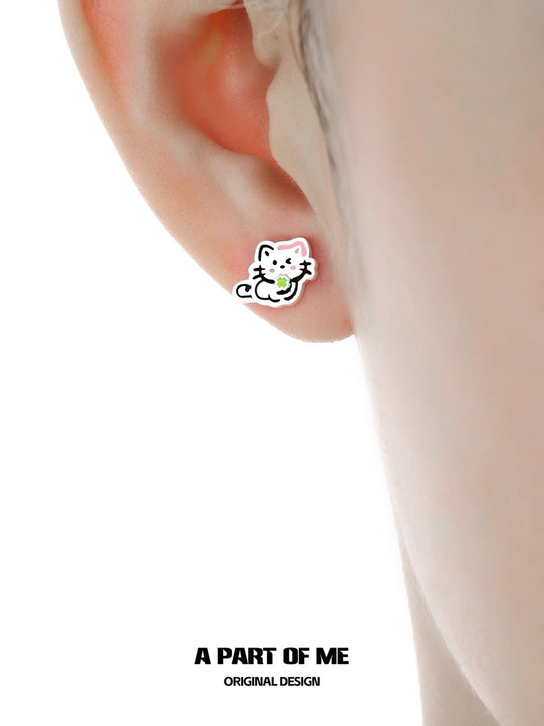 The Lucky Clover Kitten & Puppy 18K Platinum Plating Stud Earrings