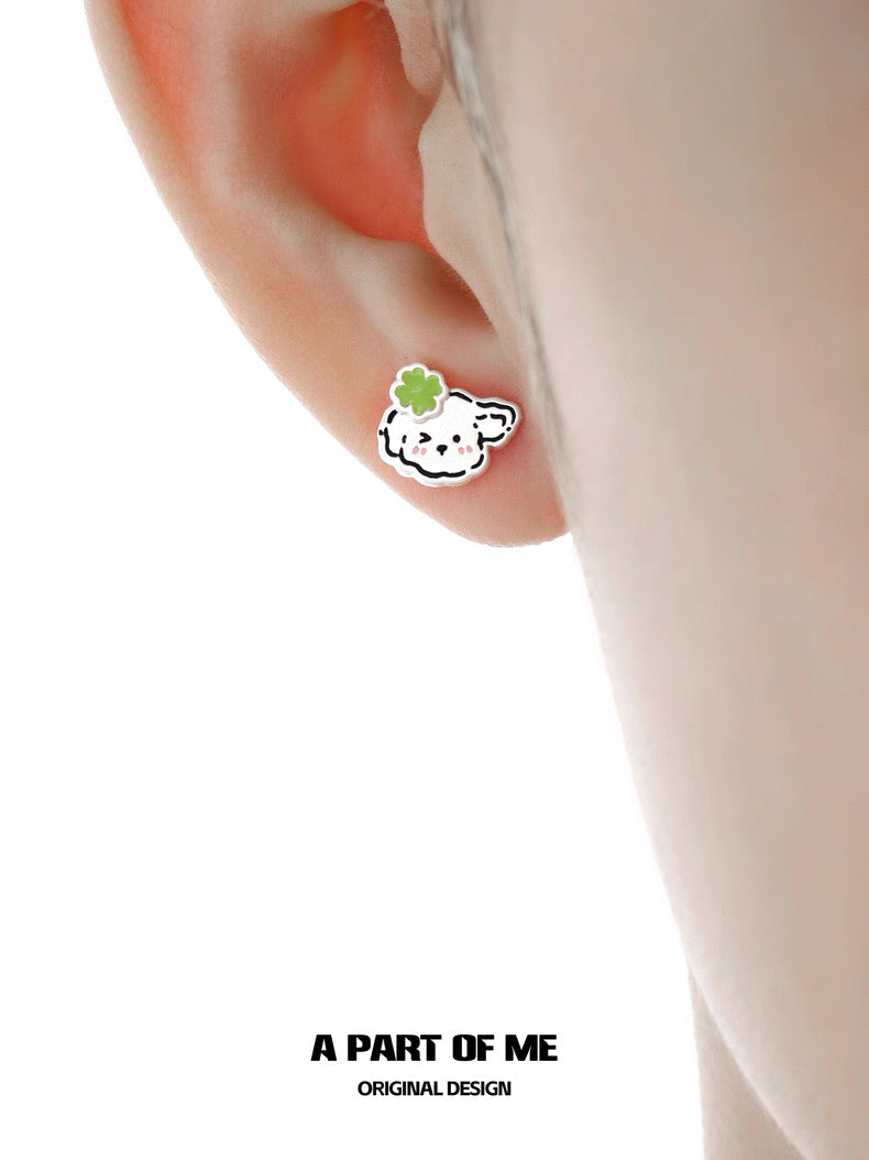 The Lucky Clover Kitten & Puppy 18K Platinum Plating Stud Earrings