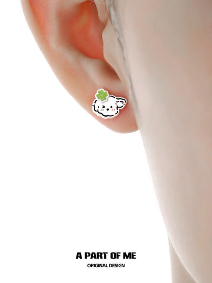 The Lucky Clover Kitten & Puppy 18K Platinum Plating Stud Earrings