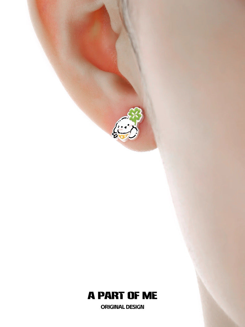 The Lucky Clover Kitten & Puppy 18K Platinum Plating Stud Earrings