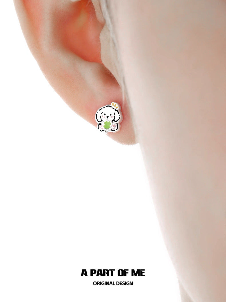 The Lucky Clover Kitten & Puppy 18K Platinum Plating Stud Earrings