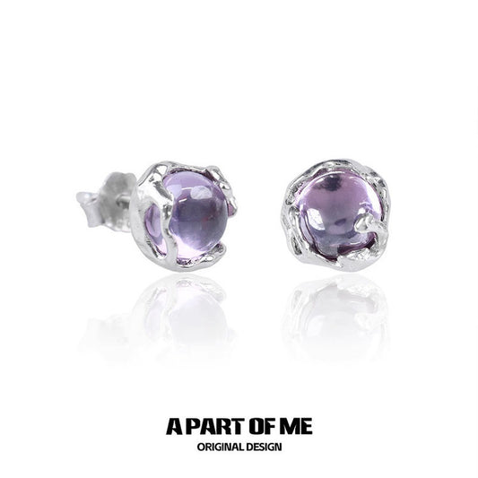 Purple Glass Beads Basic S925 Sterling Silver Stud Earrings