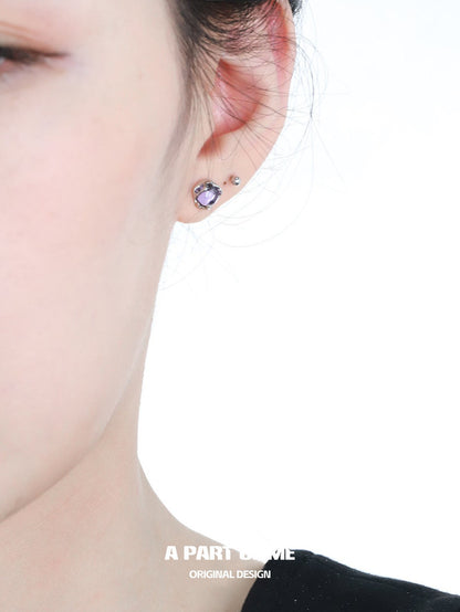 Purple Glass Beads Basic S925 Sterling Silver Stud Earrings