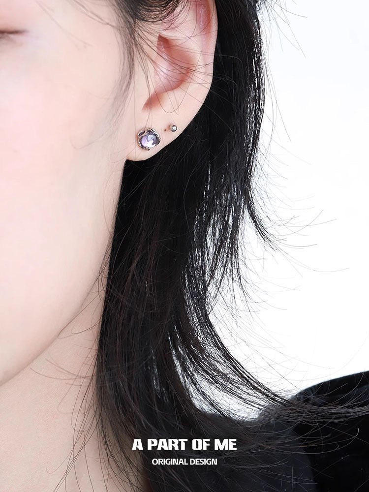Purple Glass Beads Basic S925 Sterling Silver Stud Earrings