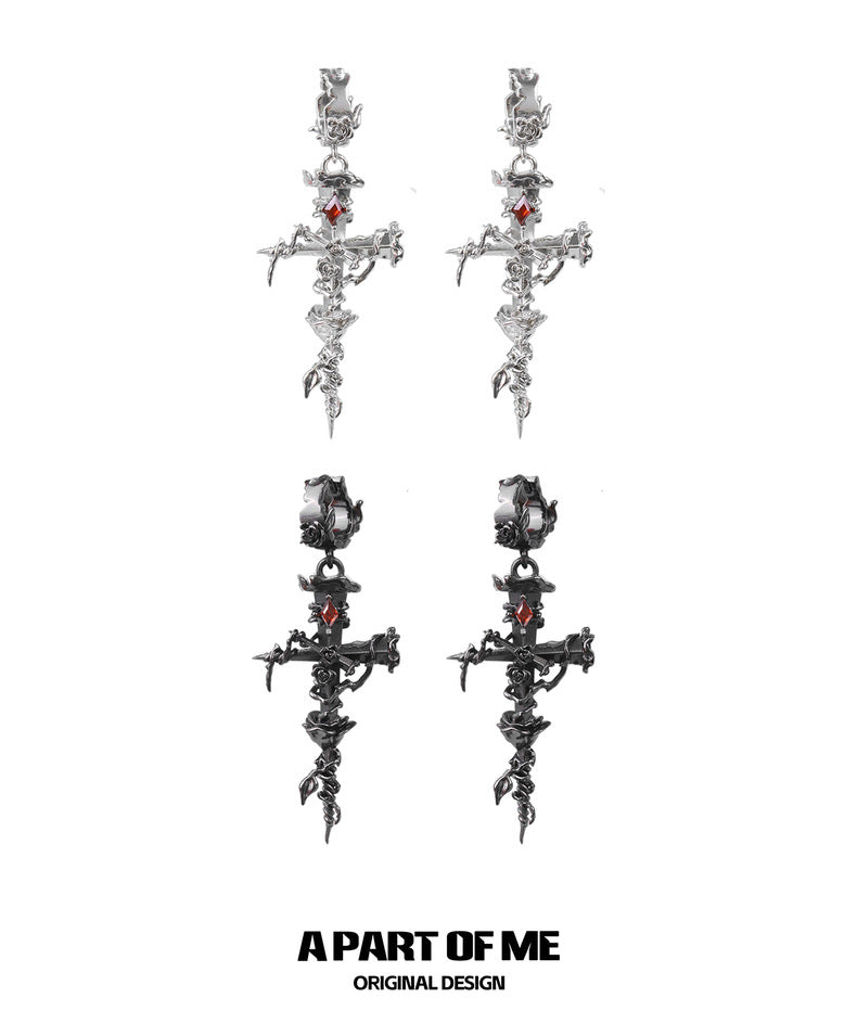 Rose Thorn on Nail Cross 18K Platinum Plating Huggies Earrings