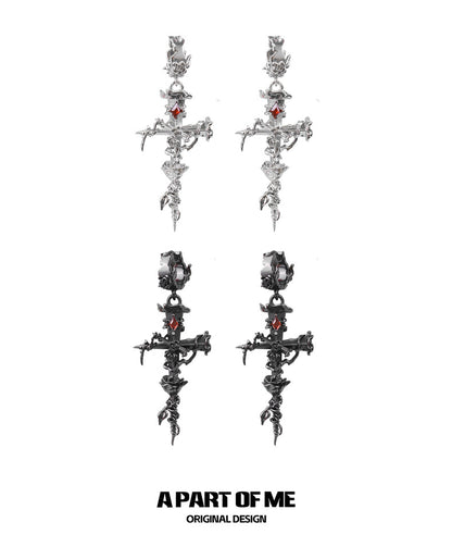 Rose Thorn on Nail Cross 18K Platinum Plating Huggies Earrings