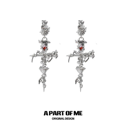 Rose Thorn on Nail Cross 18K Platinum Plating Huggies Earrings