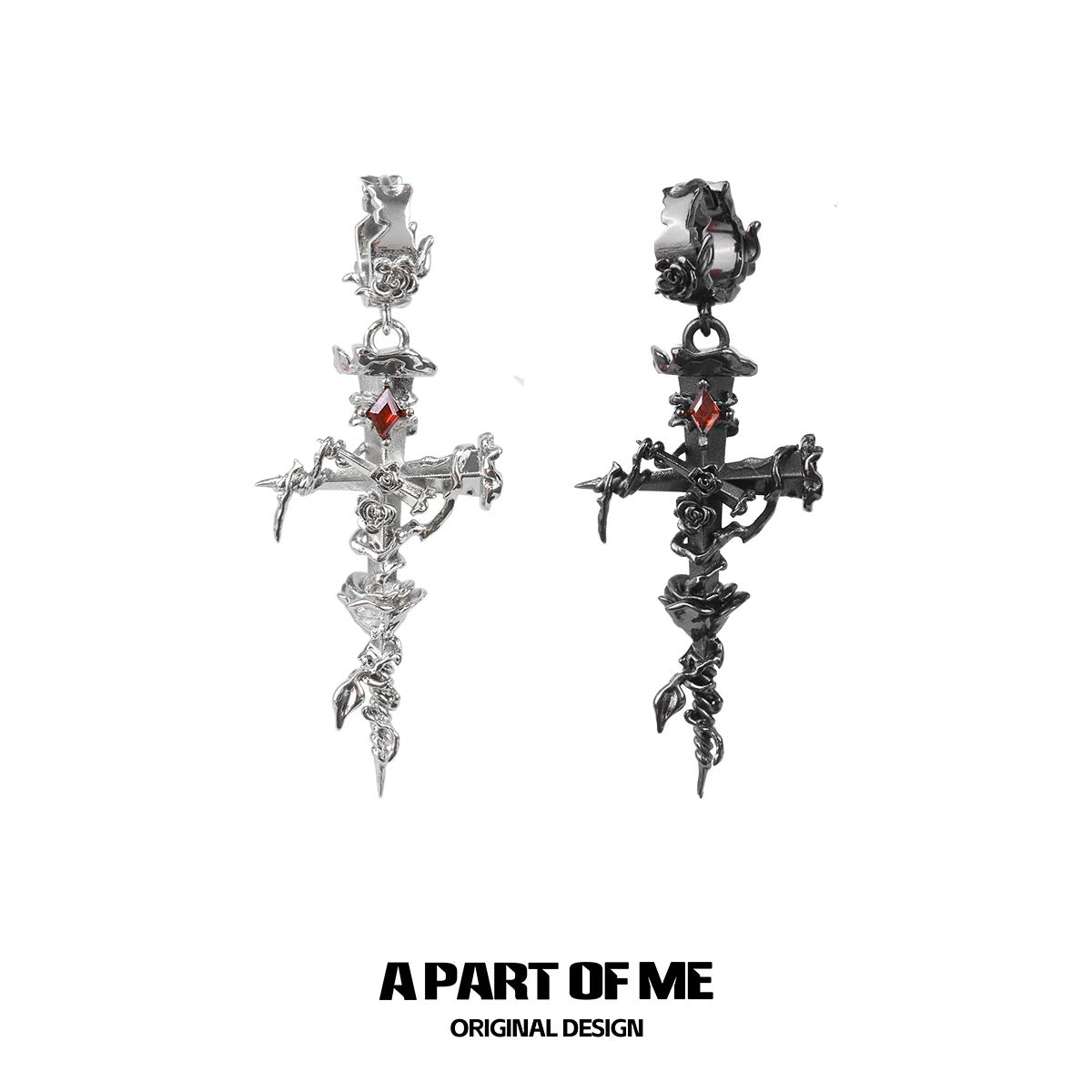 Rose Thorn on Nail Cross 18K Platinum Plating Huggies Earrings