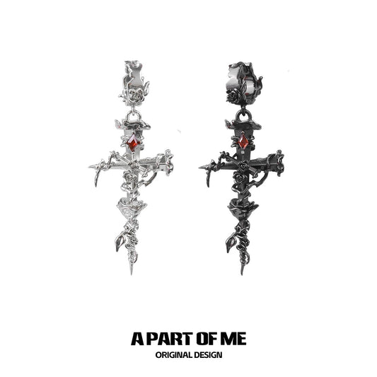 Rose Thorn on Nail Cross 18K Platinum Plating Huggies Earrings