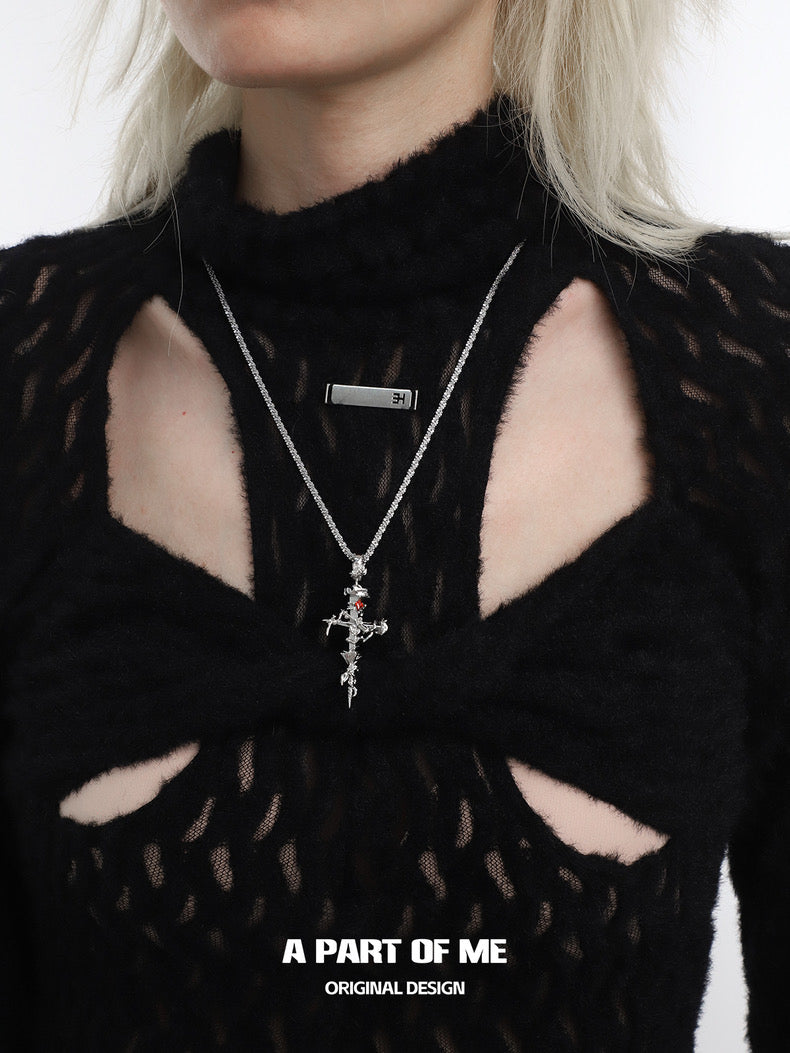 Rose Thorn on Nail Cross 18K Platinum Plating Pendant Necklace
