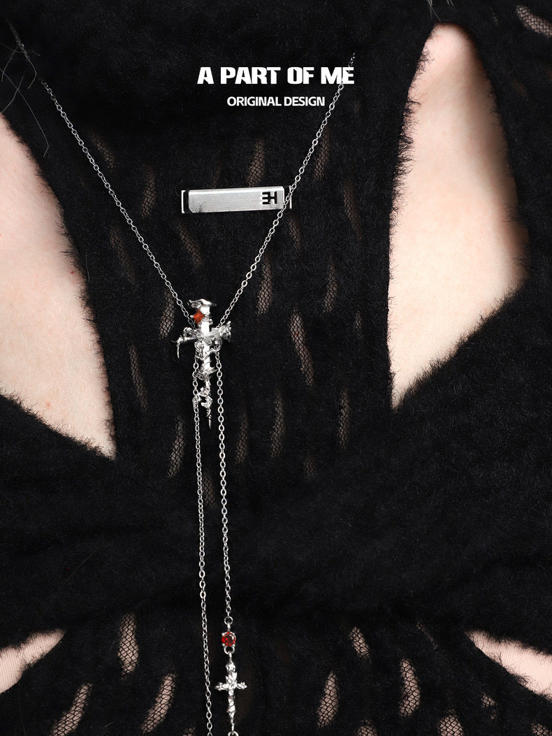 Rose Thorn on Nail Cross 18K Platinum Plating Huggies Lariat Necklace