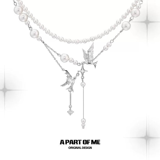 Celestial Plumage 18K Platinum Plating Pearl Double Layered Necklace