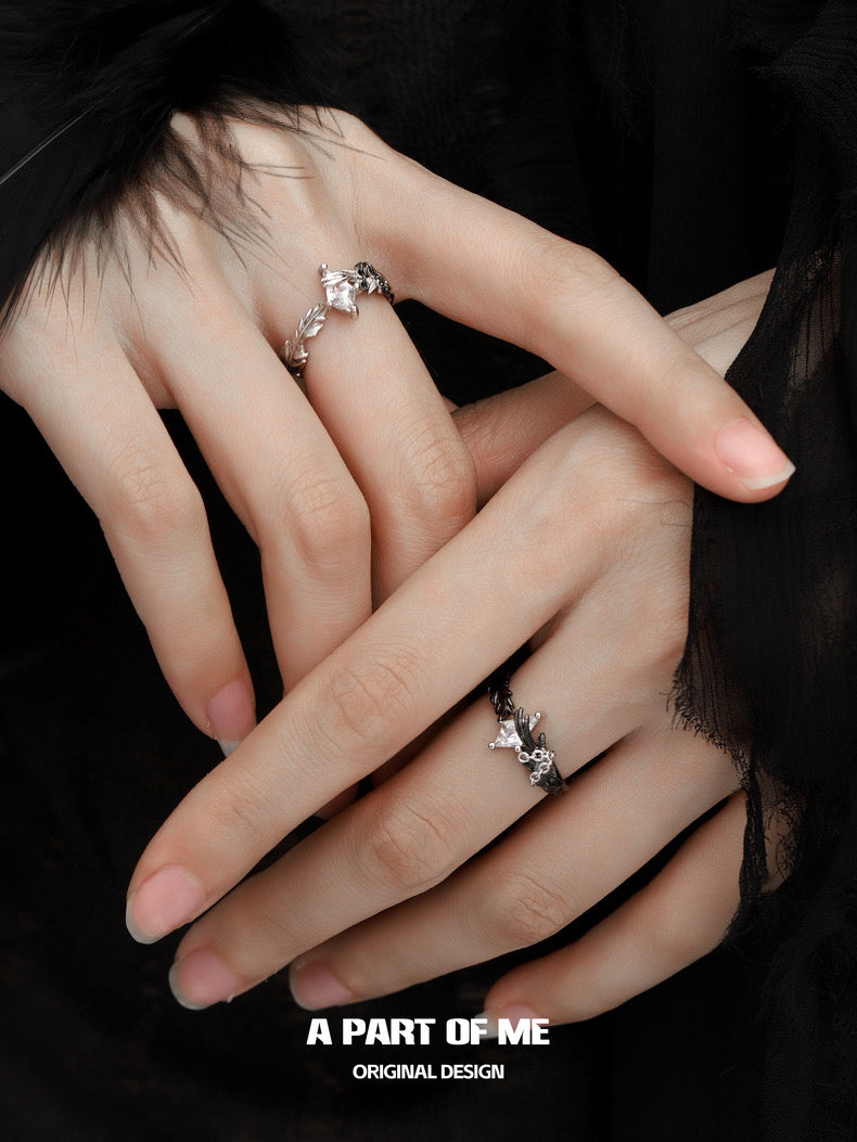 A Love Story Between a Dove and a Crow S925 Sterling Silver Couple Rings