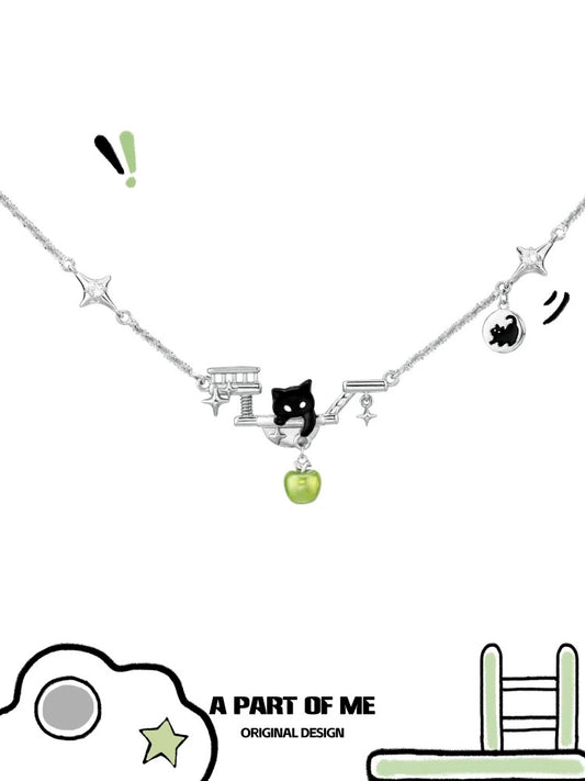 Black Cat & Green Apple 18K Platinum Plating Necklace