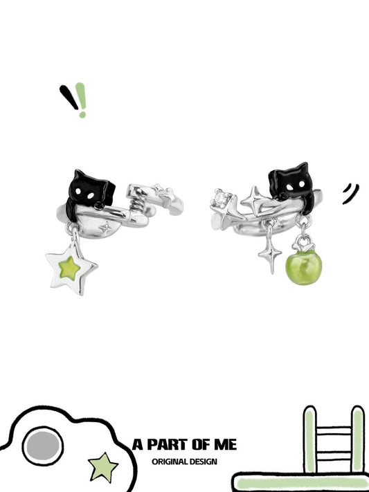 Black Cat & Green Apple 18K Platinum Plating Earcuffs