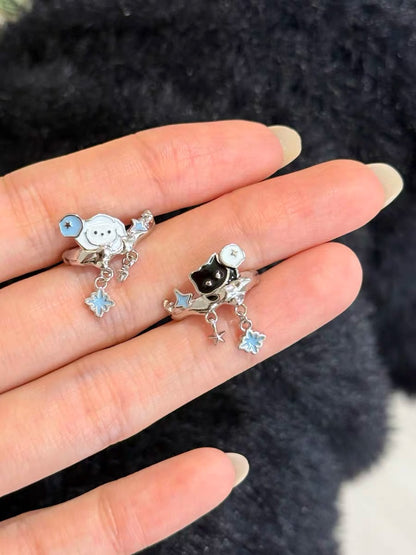 Snowy Black Cat & White Dog 18K Platinum Plating Ear Cuffs