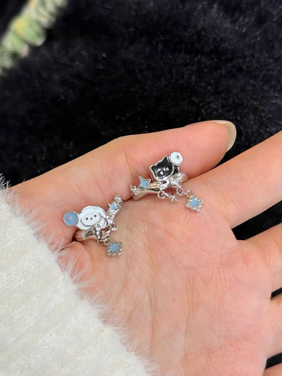 Snowy Black Cat & White Dog 18K Platinum Plating Ear Cuffs