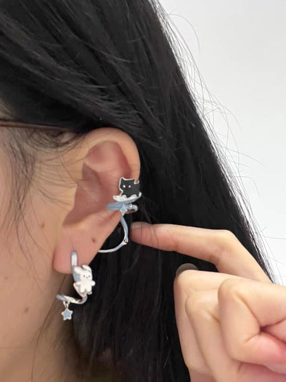 Skating in the Snow 18K Platinum Plating Black Cat & White Dog Detachable Earrings & Cuffs